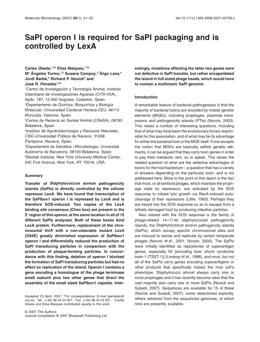Sapi Operon I Is Required for Sapi Packaging and Is Controlled by Lexa