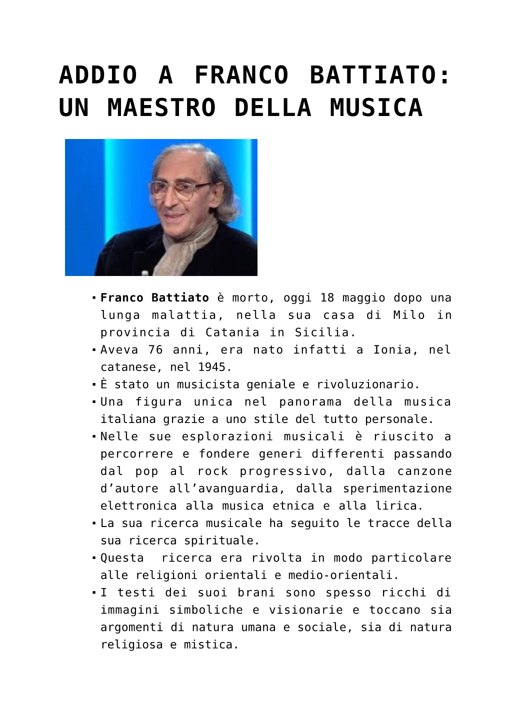 Addio a Franco Battiato: Un Maestro Della Musica
