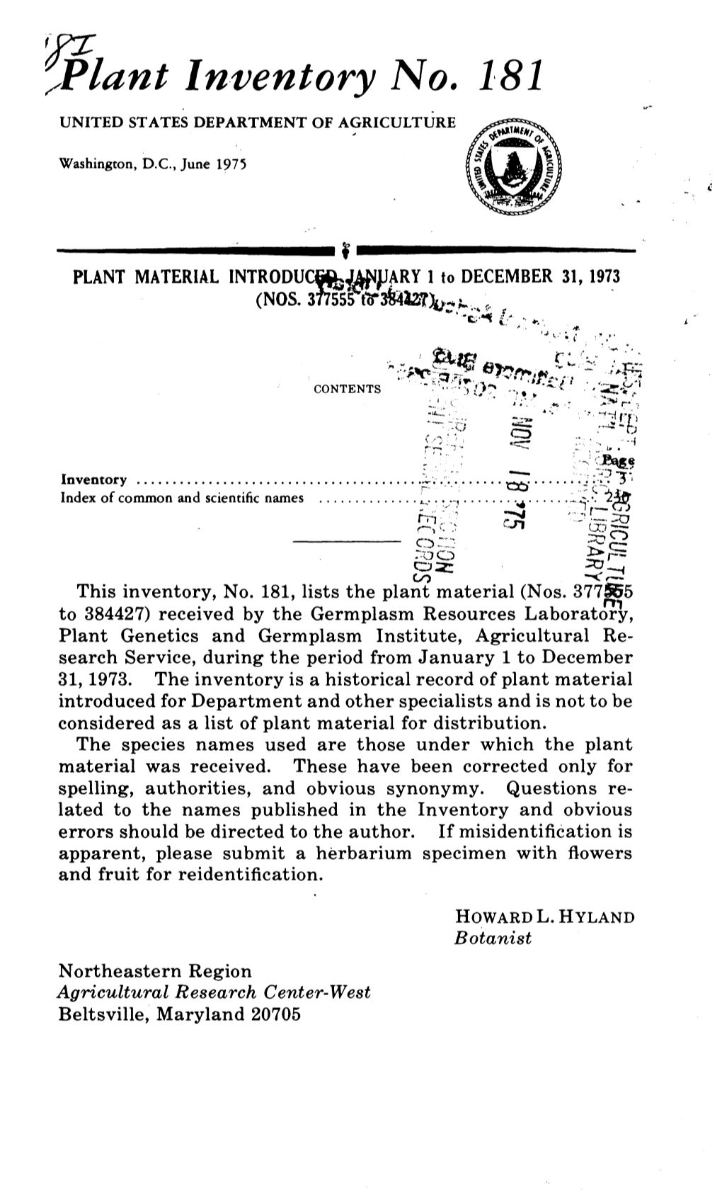 Jplant Inventory No. 181 UNITED STATES DEPARTMENT of AGRICULTURE