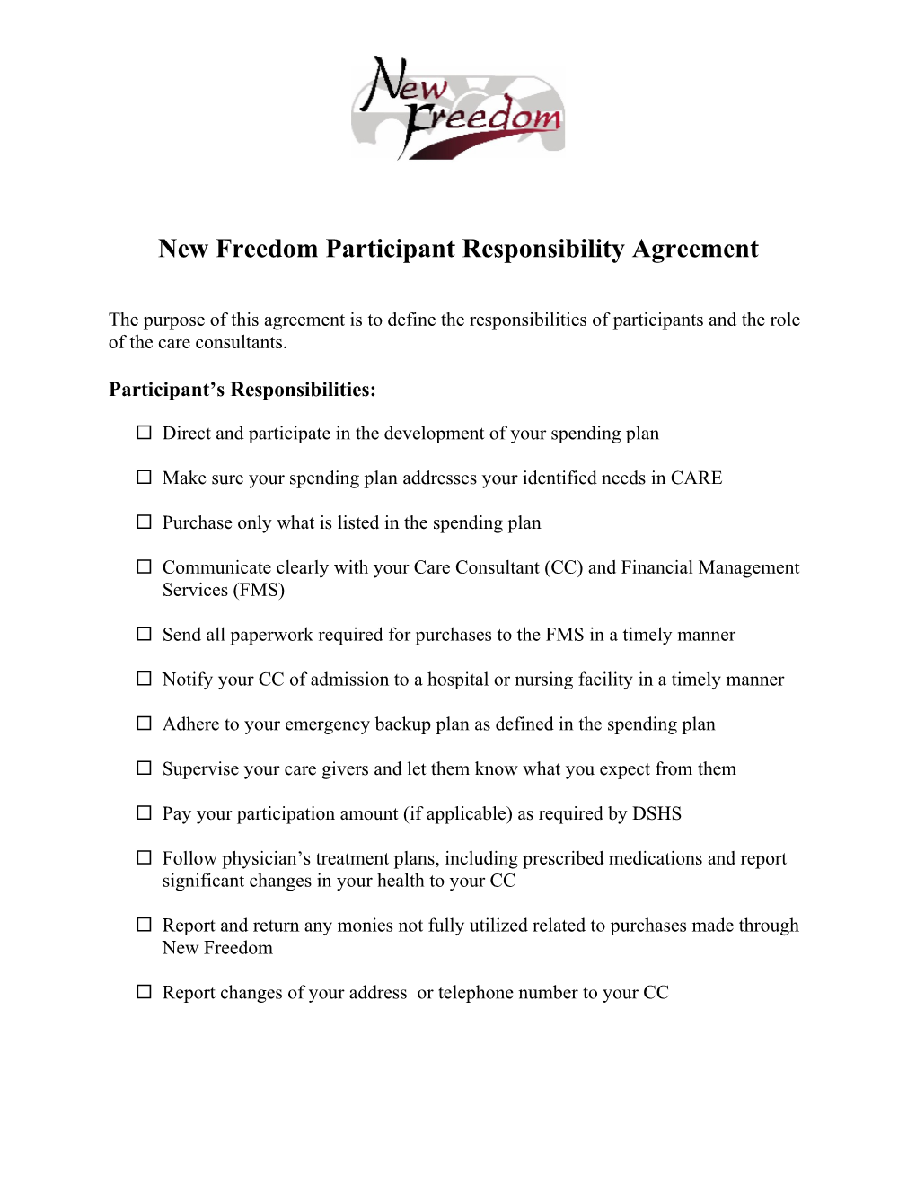 New Freedom Participant/Consultant Agreement