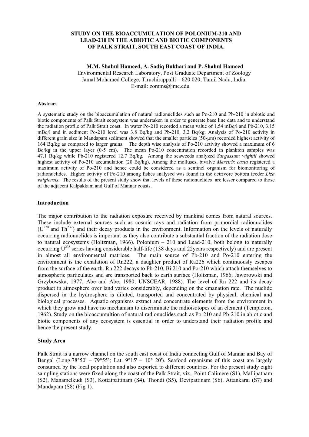 Study on the Bioaccumulation of Polonium-210 and Lead-210 in the Abiotic and Biotic Components of Palk Strait, South East Coast of India