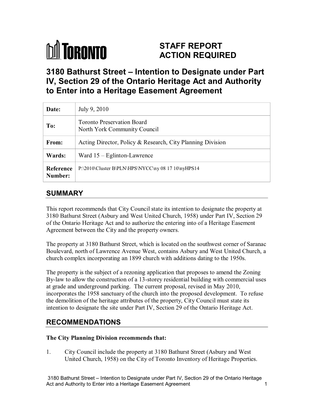 STAFF REPORT ACTION REQUIRED 3180 Bathurst Street