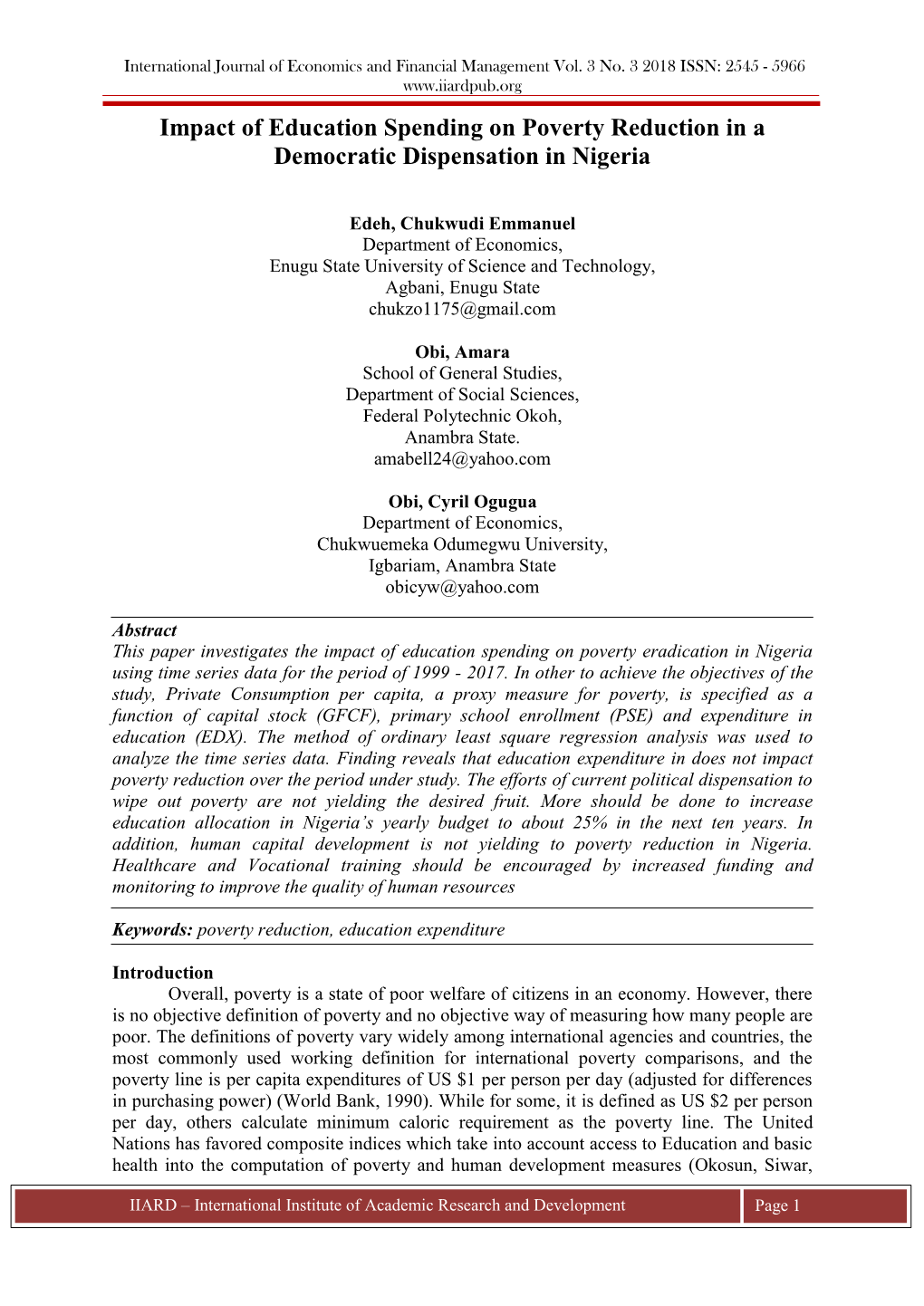 Impact of Education Spending on Poverty Reduction in a Democratic Dispensation in Nigeria