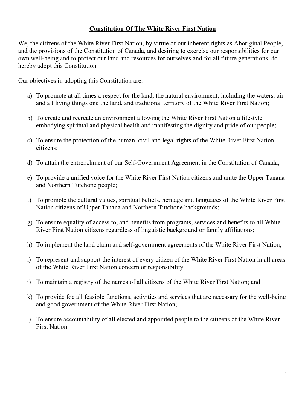 Constitution of the White River First Nation