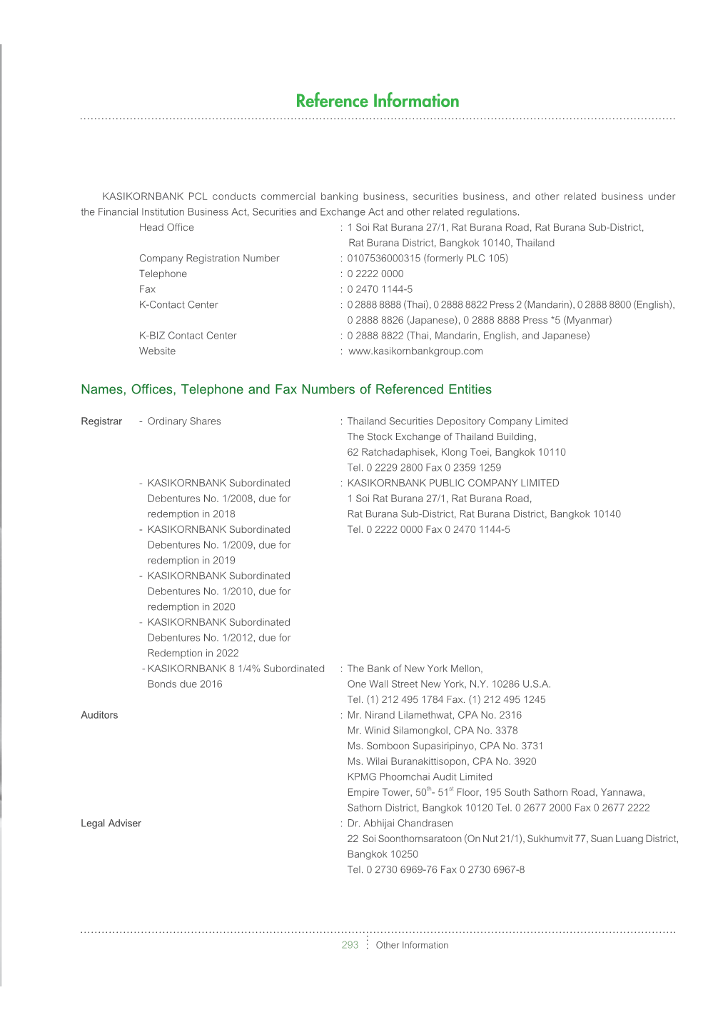 Names, Offices, Telephone and Fax Numbers of Referenced Entities