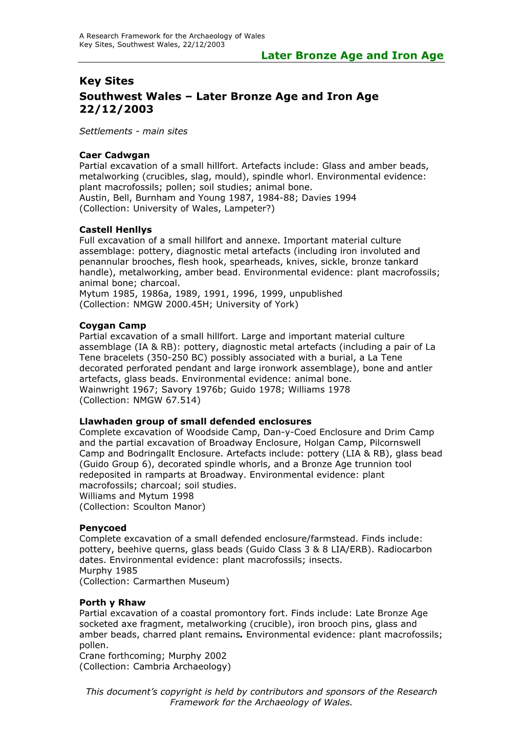 Later Bronze Age and Iron Age Key Sites Southwest Wales