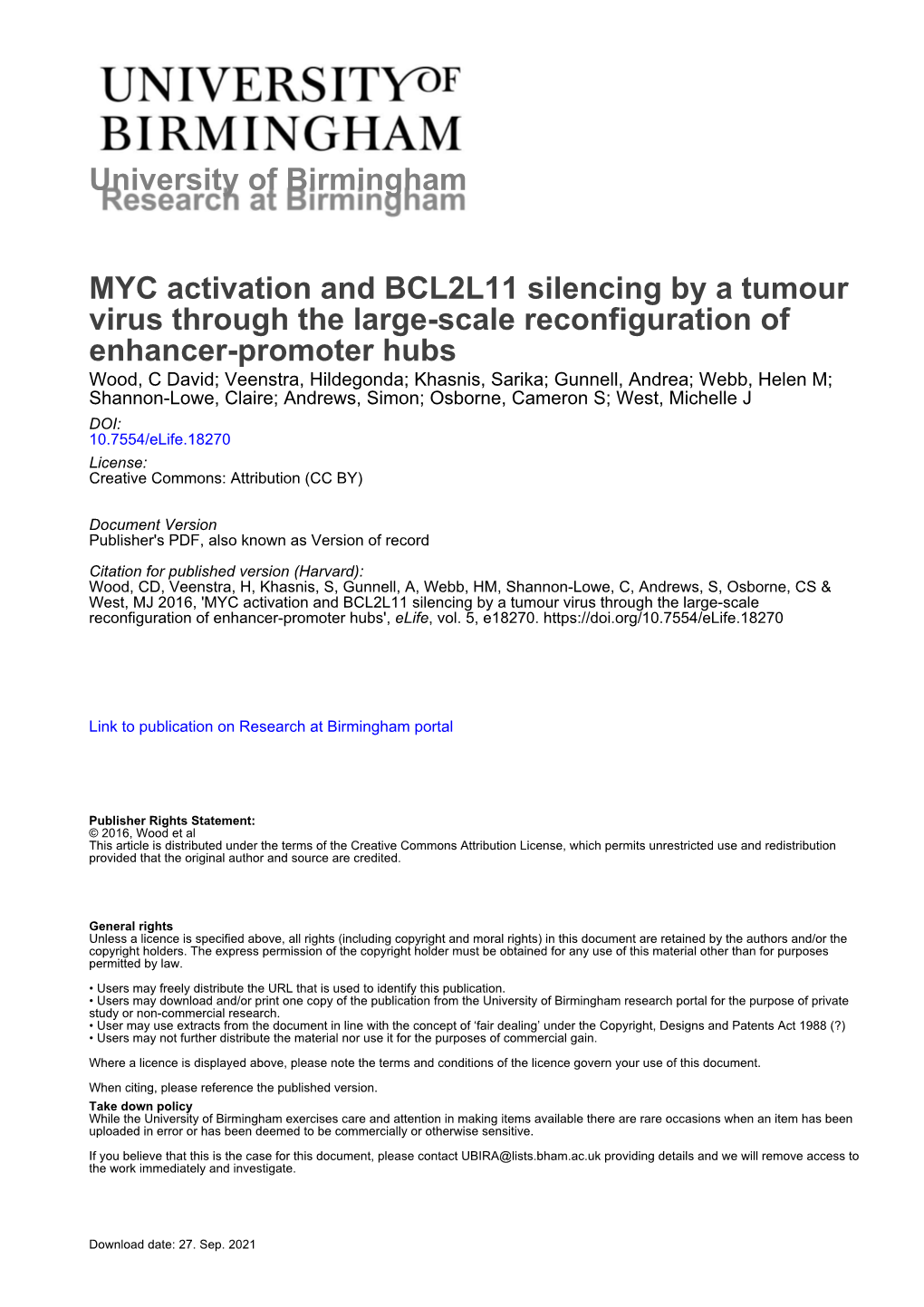 University of Birmingham MYC Activation and BCL2L11 Silencing