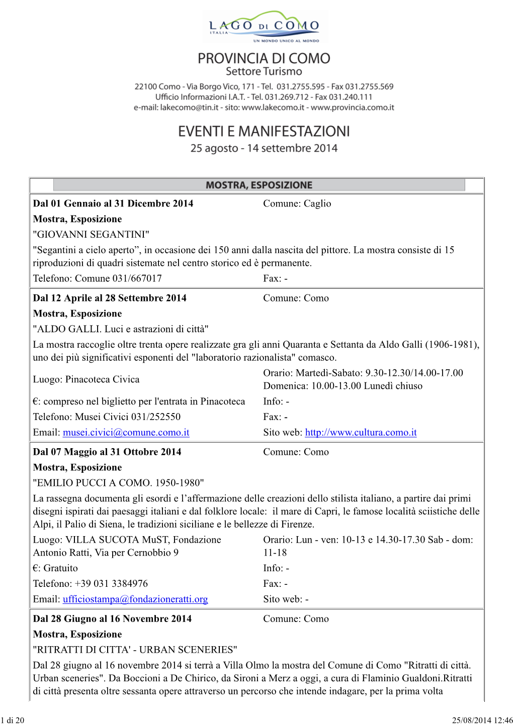 PROVINCIA DI COMO - Assessorato Al Turismo - 22100 Como Via Sirtori, 5 - Tel