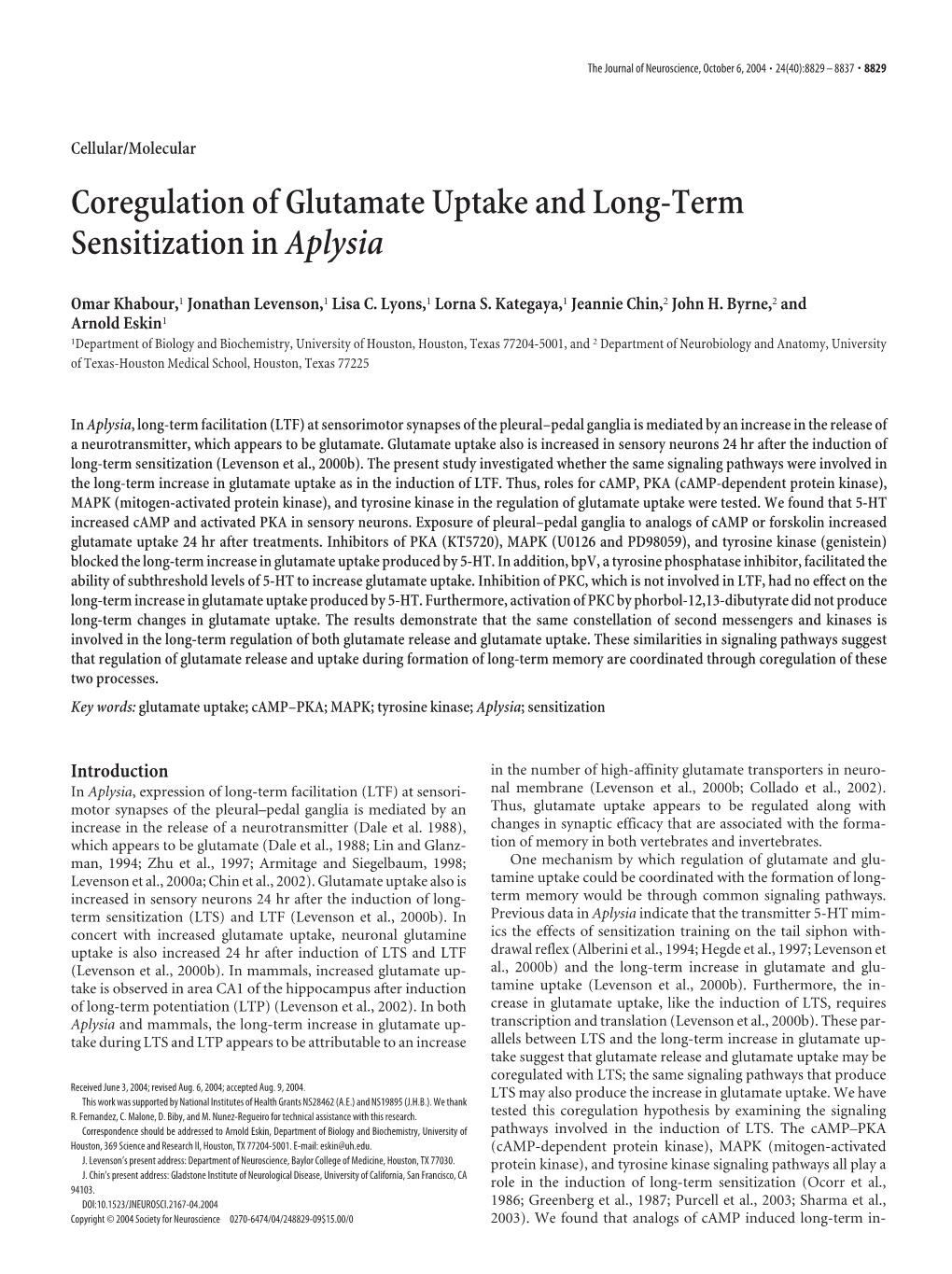 Coregulation of Glutamate Uptake and Long-Term Sensitization Inaplysia