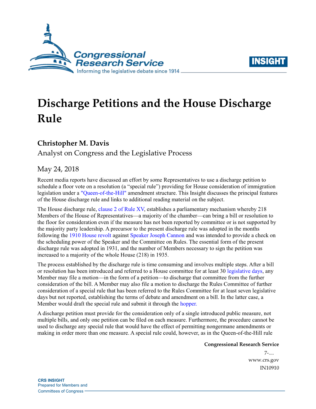 Discharge Petitions and the House Discharge Rule