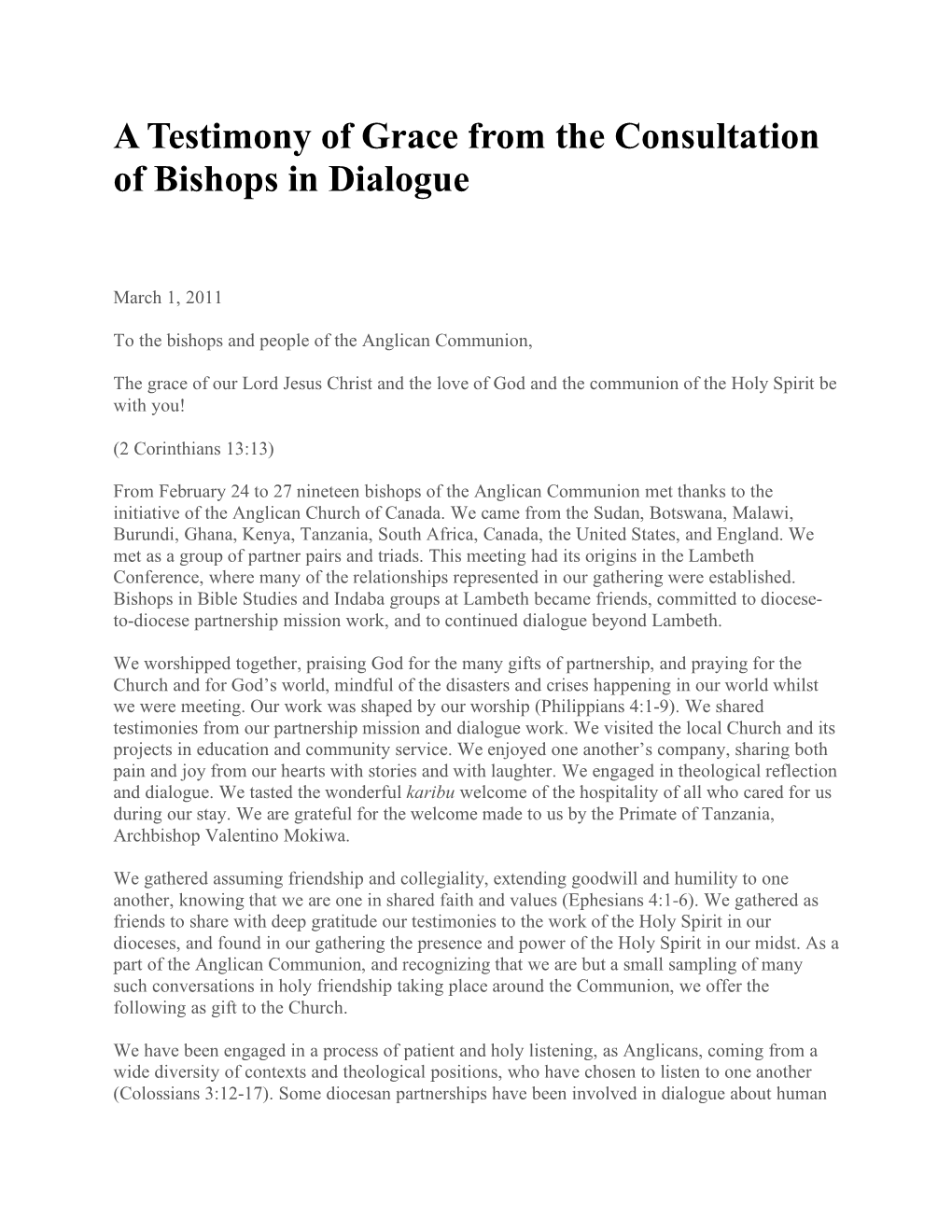 A Testimony of Grace from the Consultation of Bishops in Dialogue