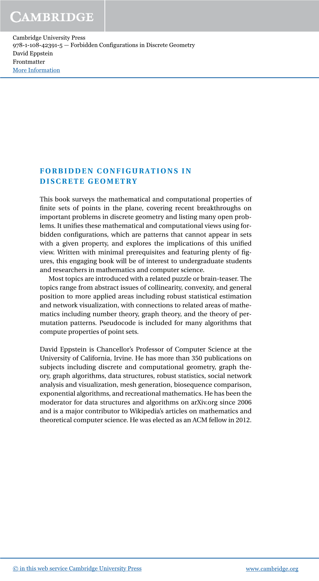 Forbidden Configurations in Discrete Geometry David Eppstein Frontmatter More Information