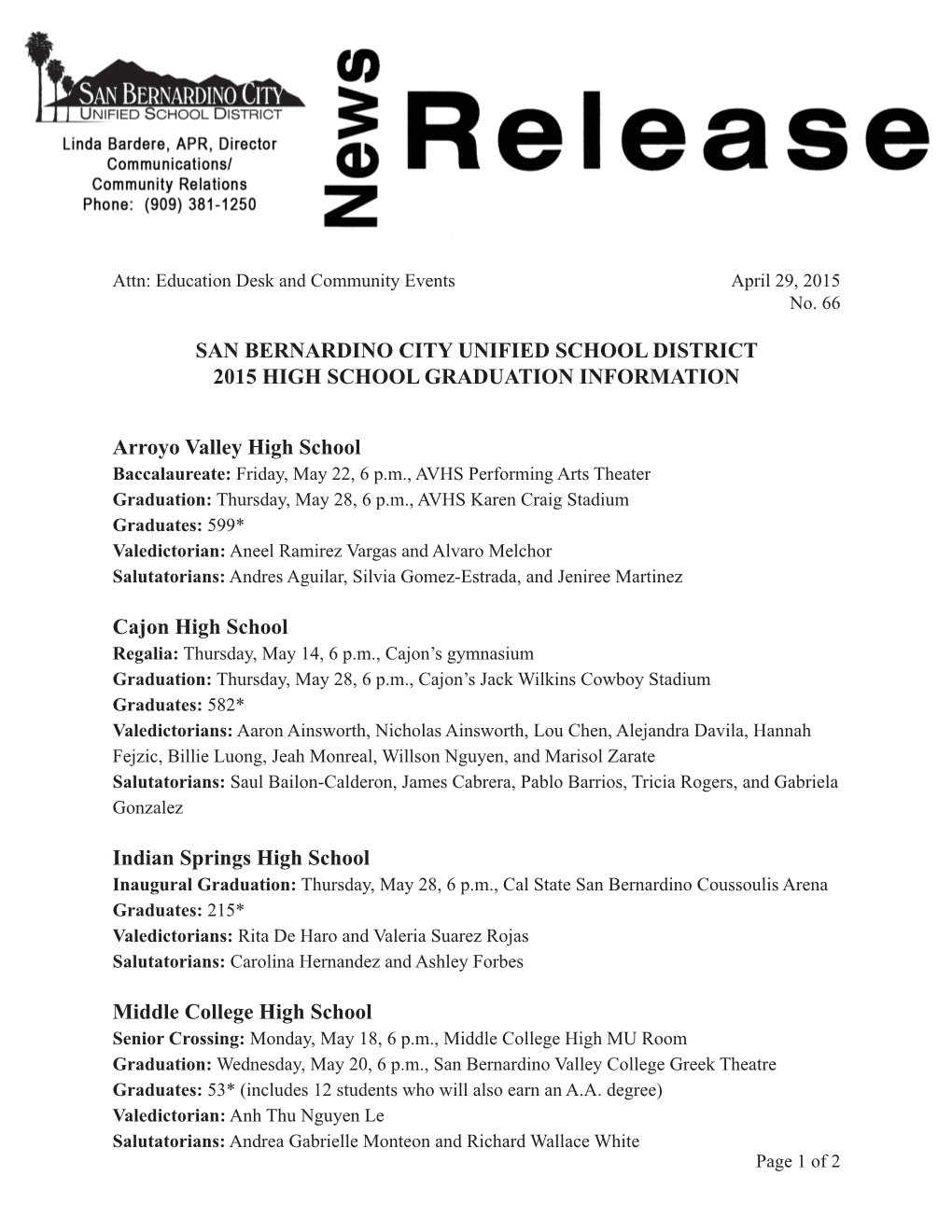 San Bernardino City Unified School District 2015 High School Graduation Information