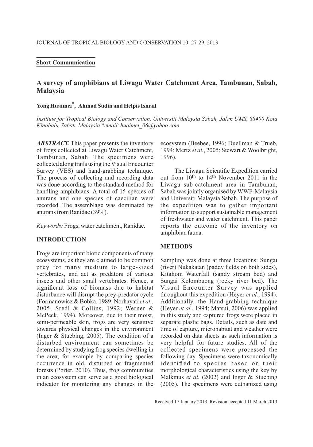 A Survey of Amphibians at Liwagu Water Catchment Area, Tambunan, Sabah, Malaysia