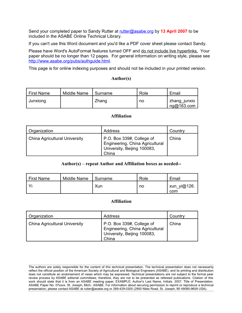 Author(S) Repeat Author and Affiliation Boxes As Needed