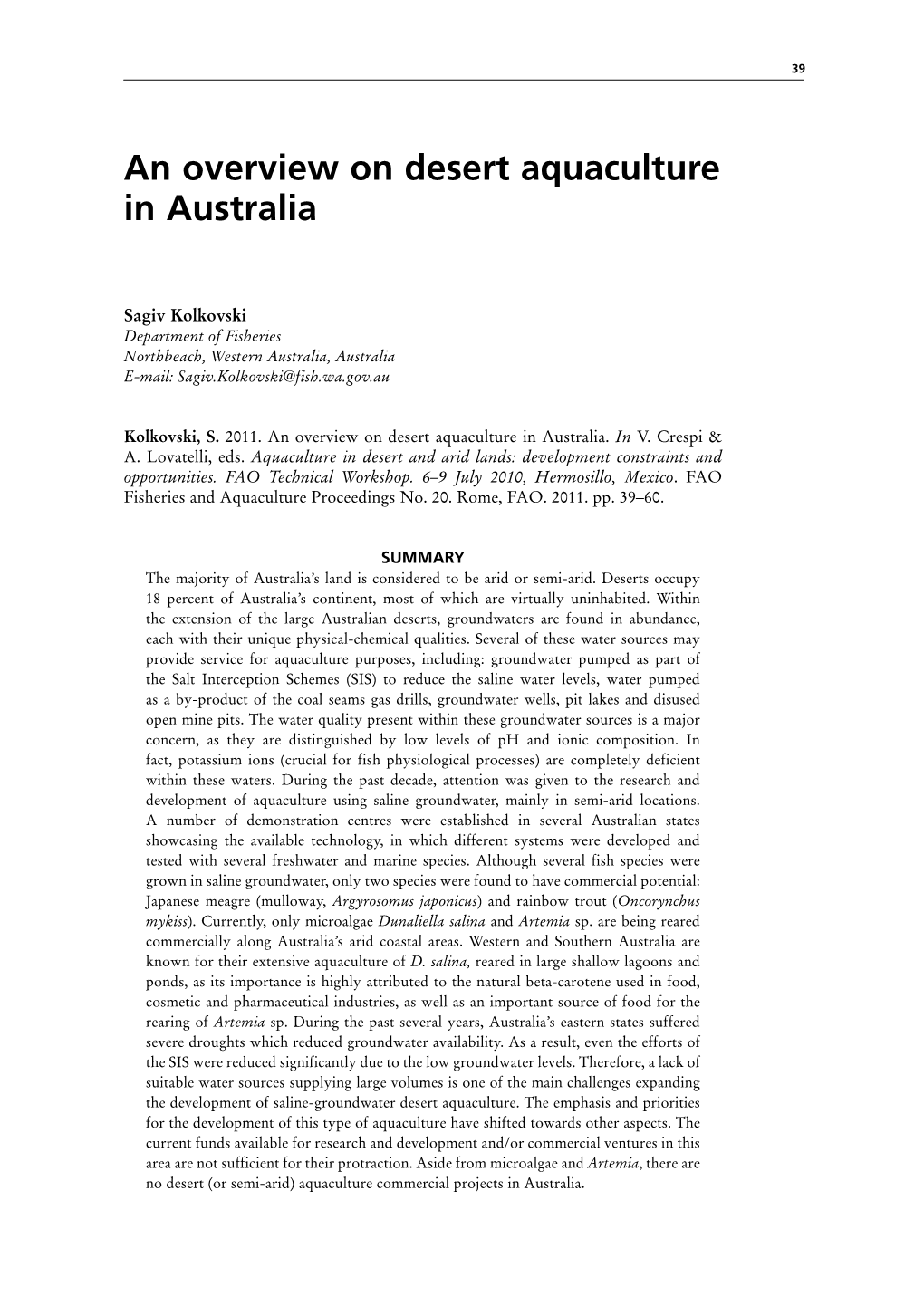 An Overview on Desert Aquaculture in Australia