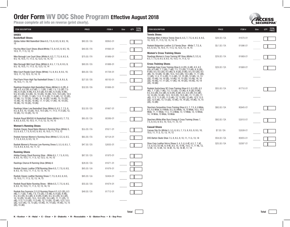 Order Form WV DOC Shoe Program Effective August 2018 Please Complete All Info on Reverse (Print Clearly)