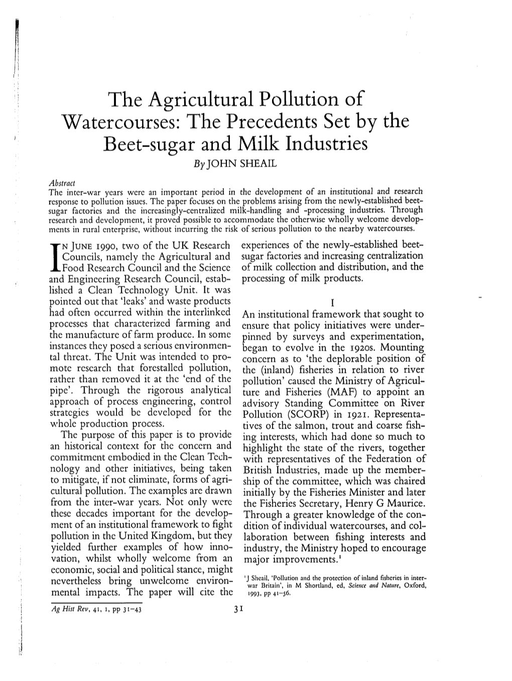 The Agricultural Pollution of Watercourses: the Precedents Set by the Beet-Sugar and Milk Industries by JOHN SHEAIL