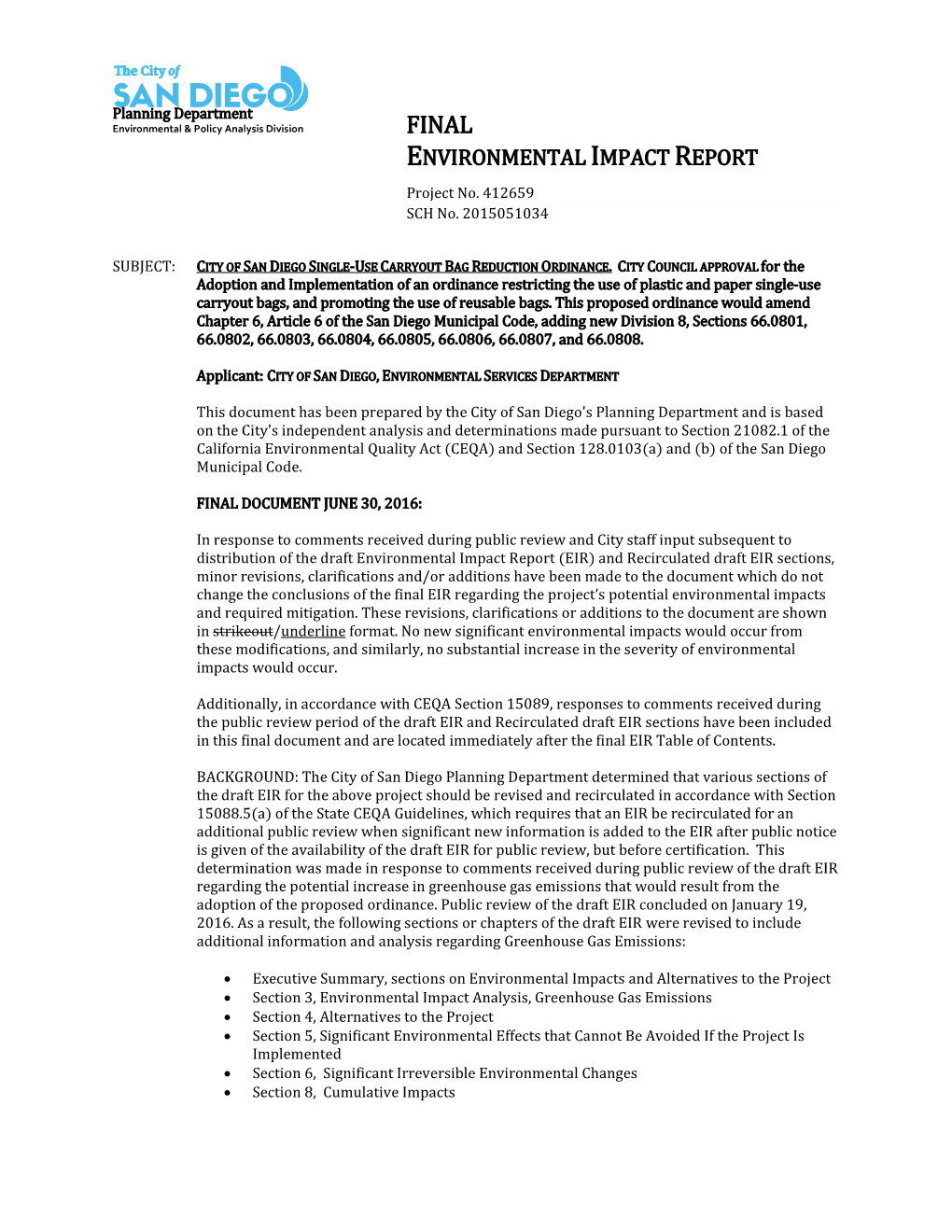 FINAL  ENVIRONMENTAL IMPACT REPORT   Project No