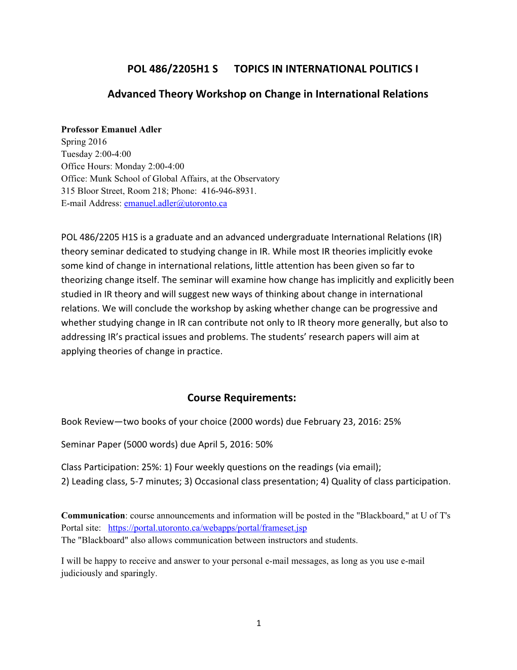 Pol 486/2205H1 S Topics in International Politics I