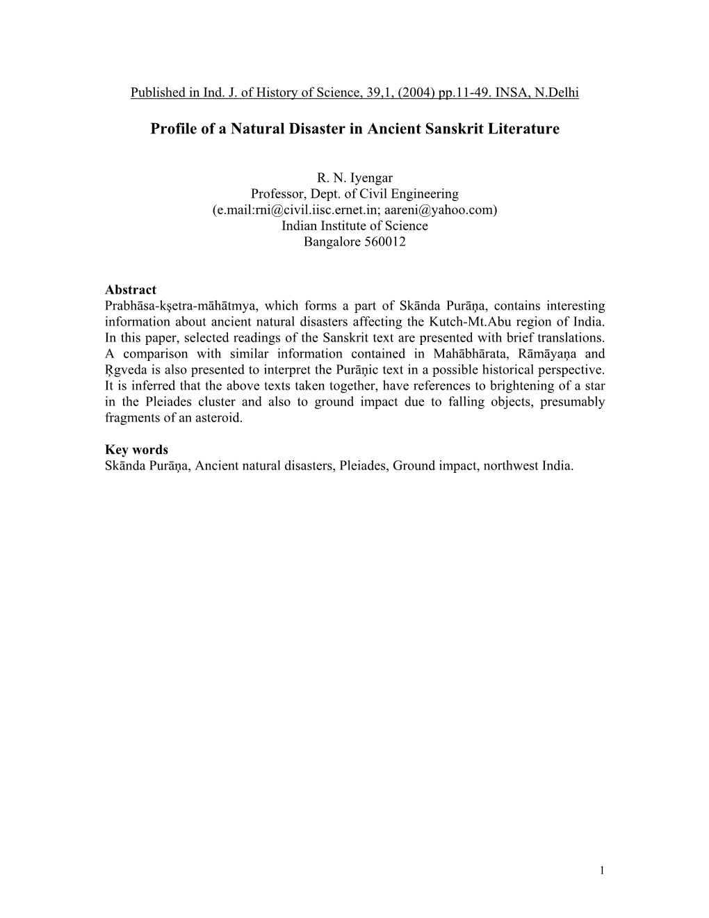 Profile of a Natural Disaster in Ancient Sanskrit Literature