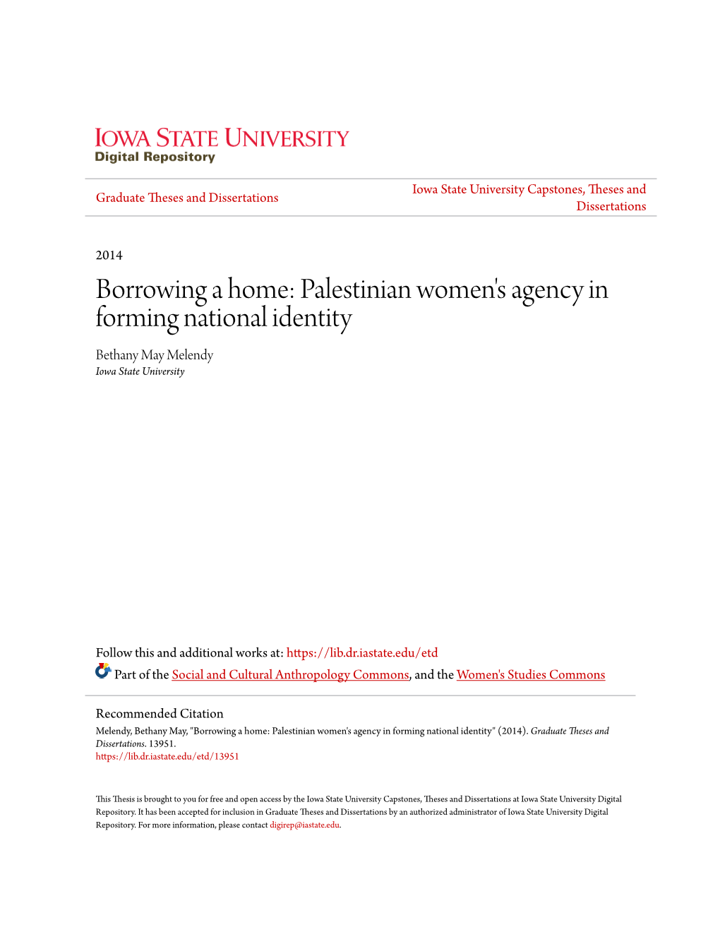 Palestinian Women's Agency in Forming National Identity Bethany May Melendy Iowa State University