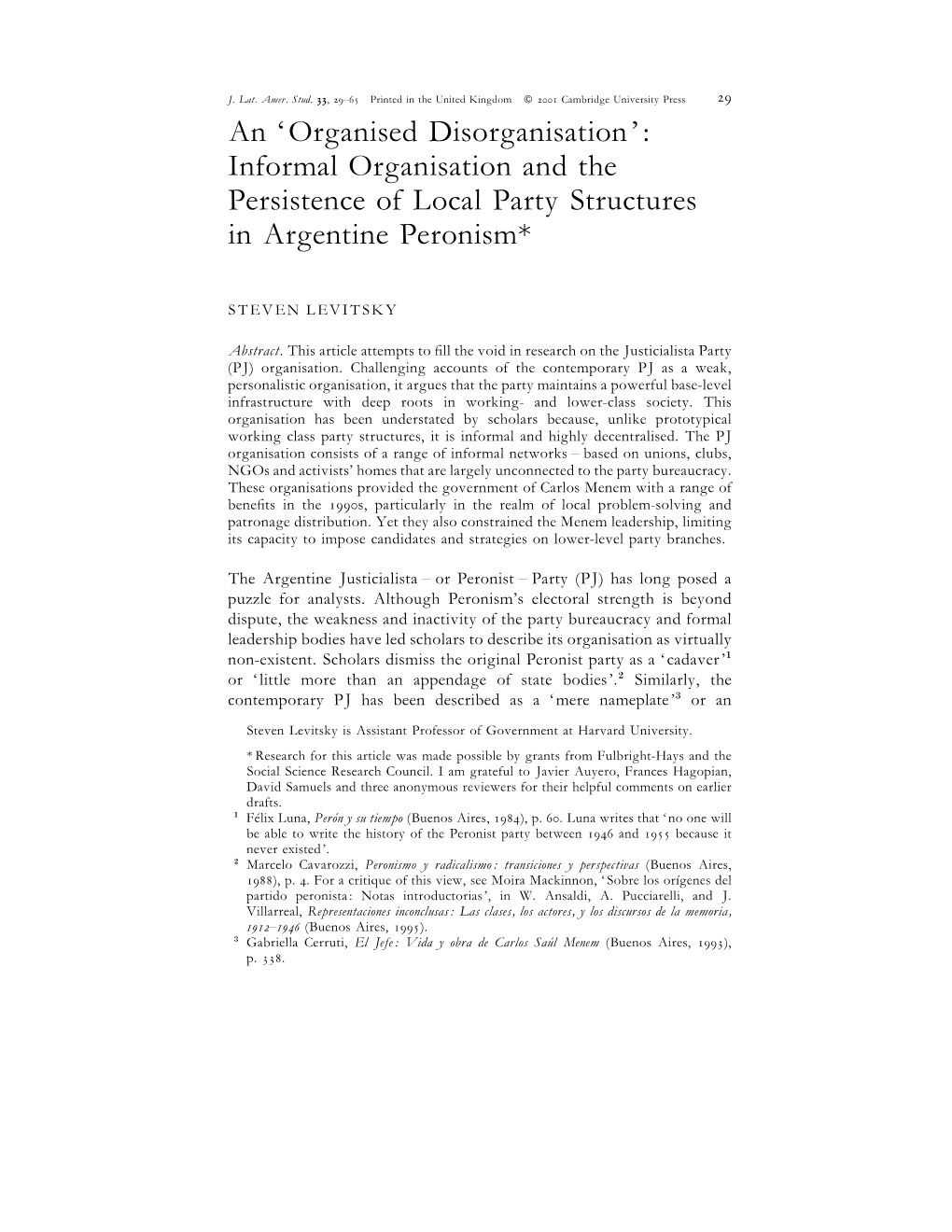 Informal Organisation and the Persistence of Local Party Structures in Argentine Peronism*