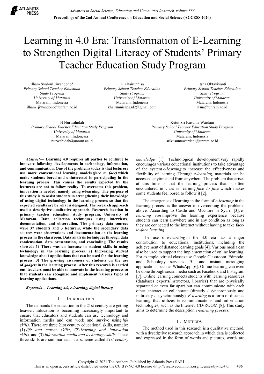 Transformation of E-Learning to Strengthen Digital Literacy of Students' Primary Teacher Education Study