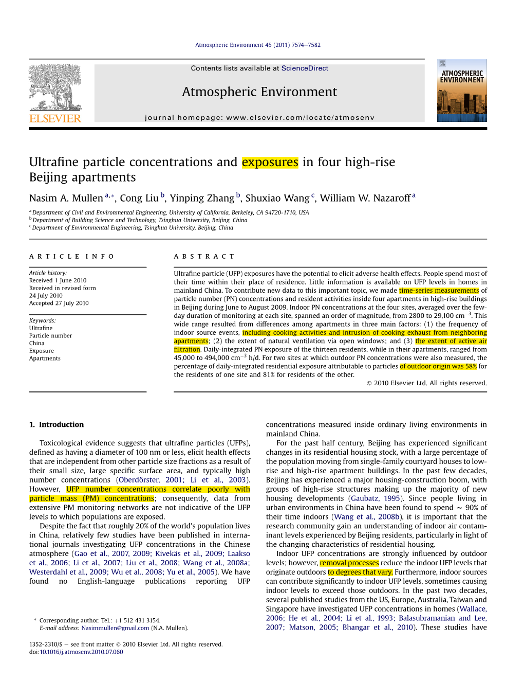 Ultrafine Particle Concentrations and Exposures in Four High-Rise Beijing