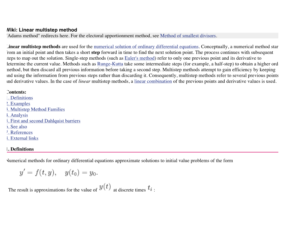 Wiki: Linear Multistep Method "Adams Method" Redirects Here. for the Electoral Apportionment Method, See Method of Smallest Divisors