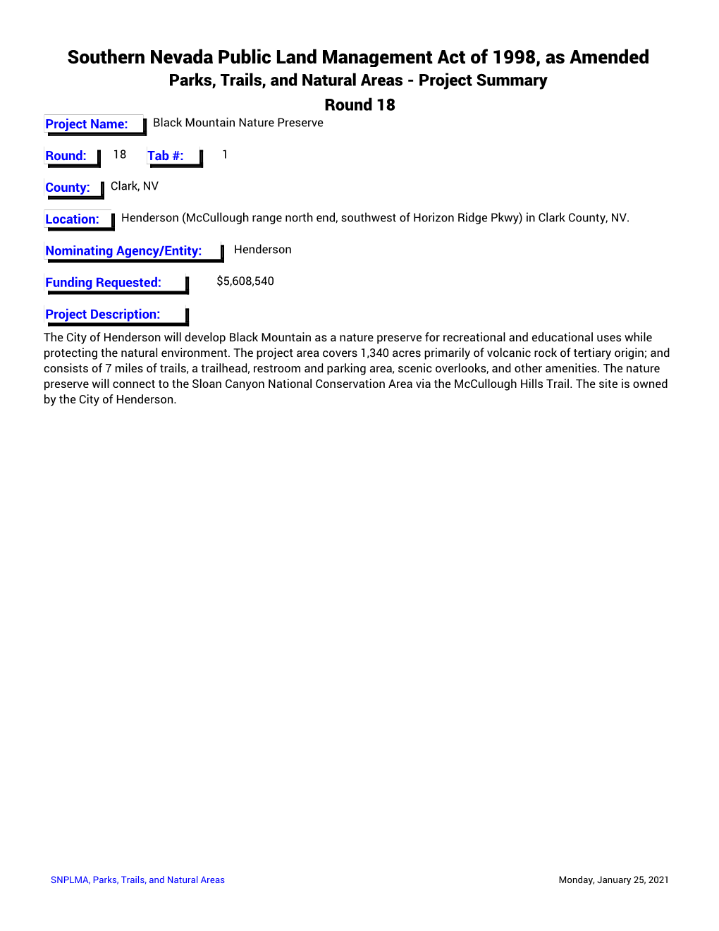 Southern Nevada Public Land Management Act of 1998, As