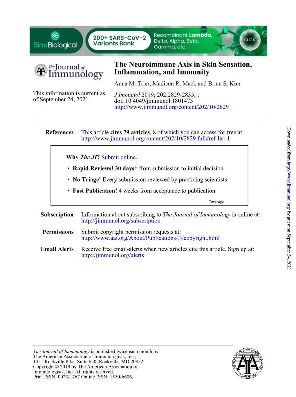 The Neuroimmune Axis in Skin Sensation, Inflammation, and Immunity Anna M