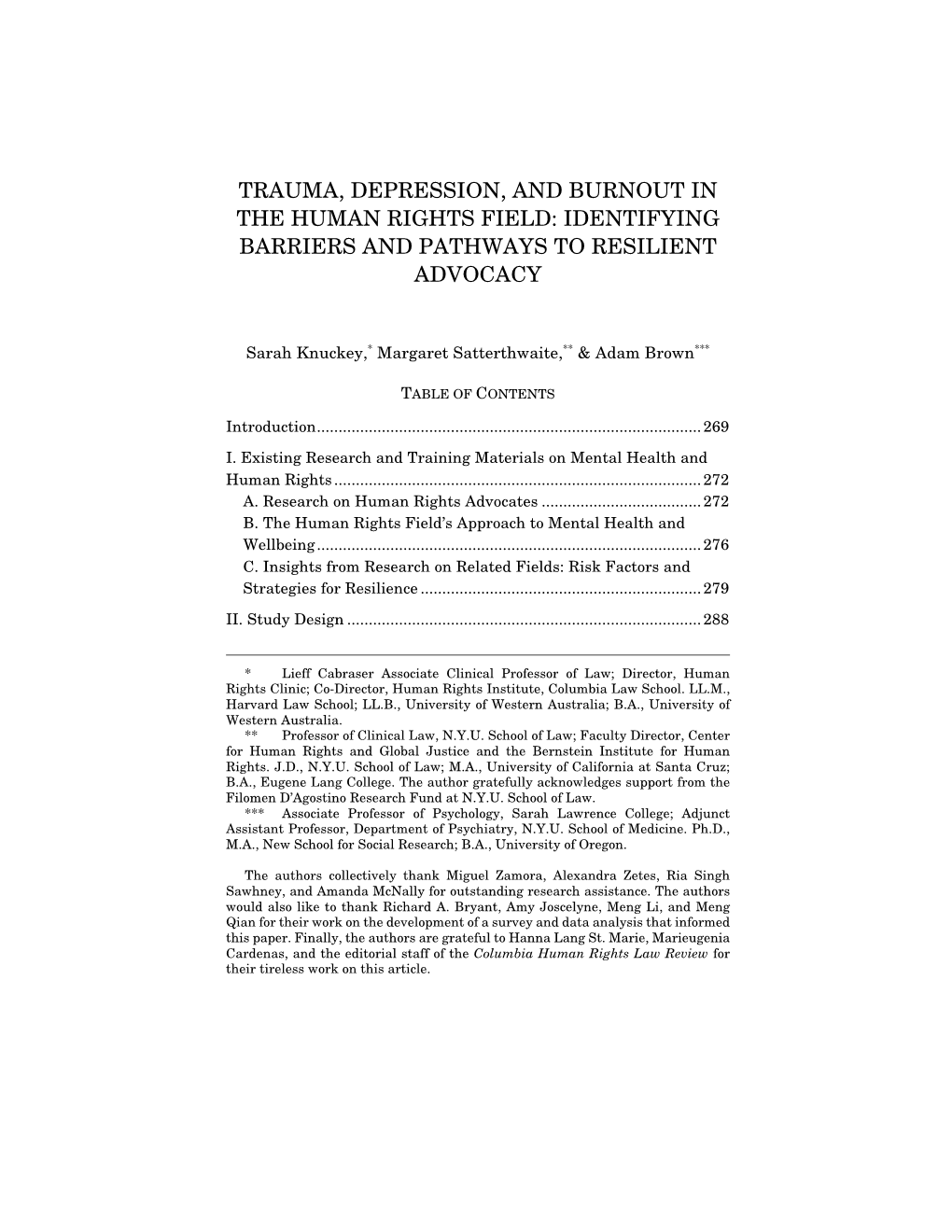 Trauma, Depression, and Burnout in the Human Rights Field: Identifying Barriers and Pathways to Resilient Advocacy