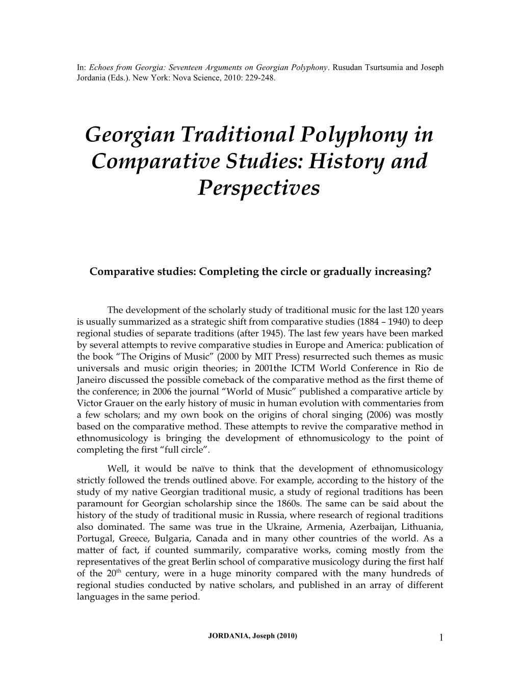 Georgian Traditional Polyphony in Comparative Studies: History and Perspectives