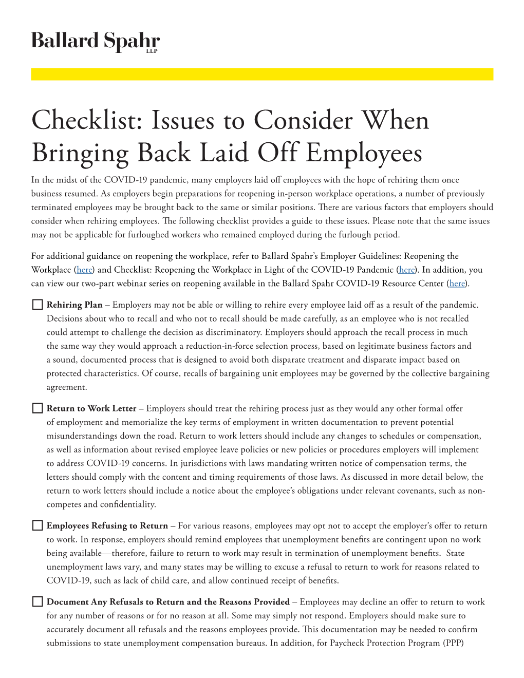 Checklist: Issues to Consider When Bringing Back Laid Off Employees