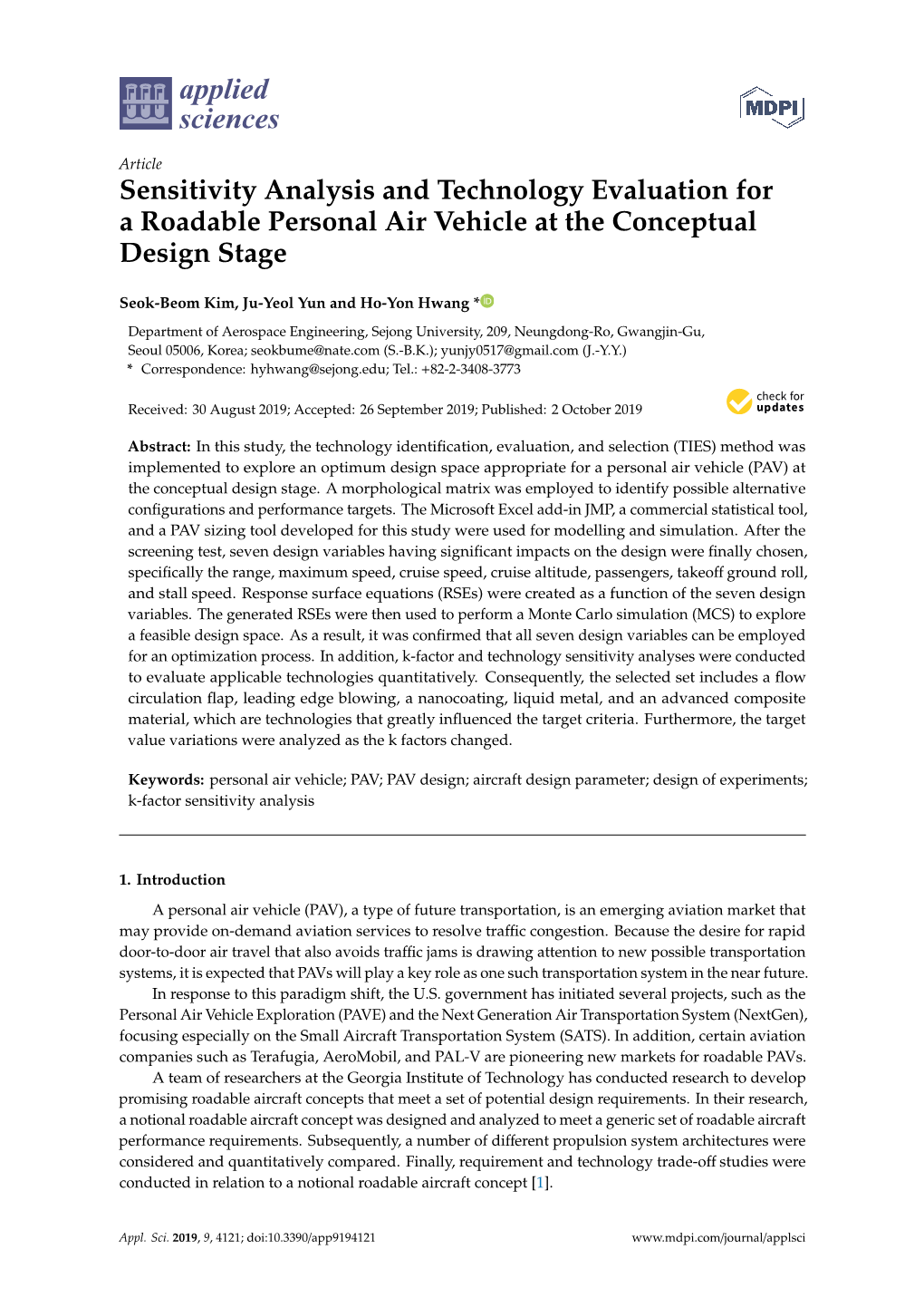 Sensitivity Analysis and Technology Evaluation for a Roadable Personal Air Vehicle at the Conceptual Design Stage