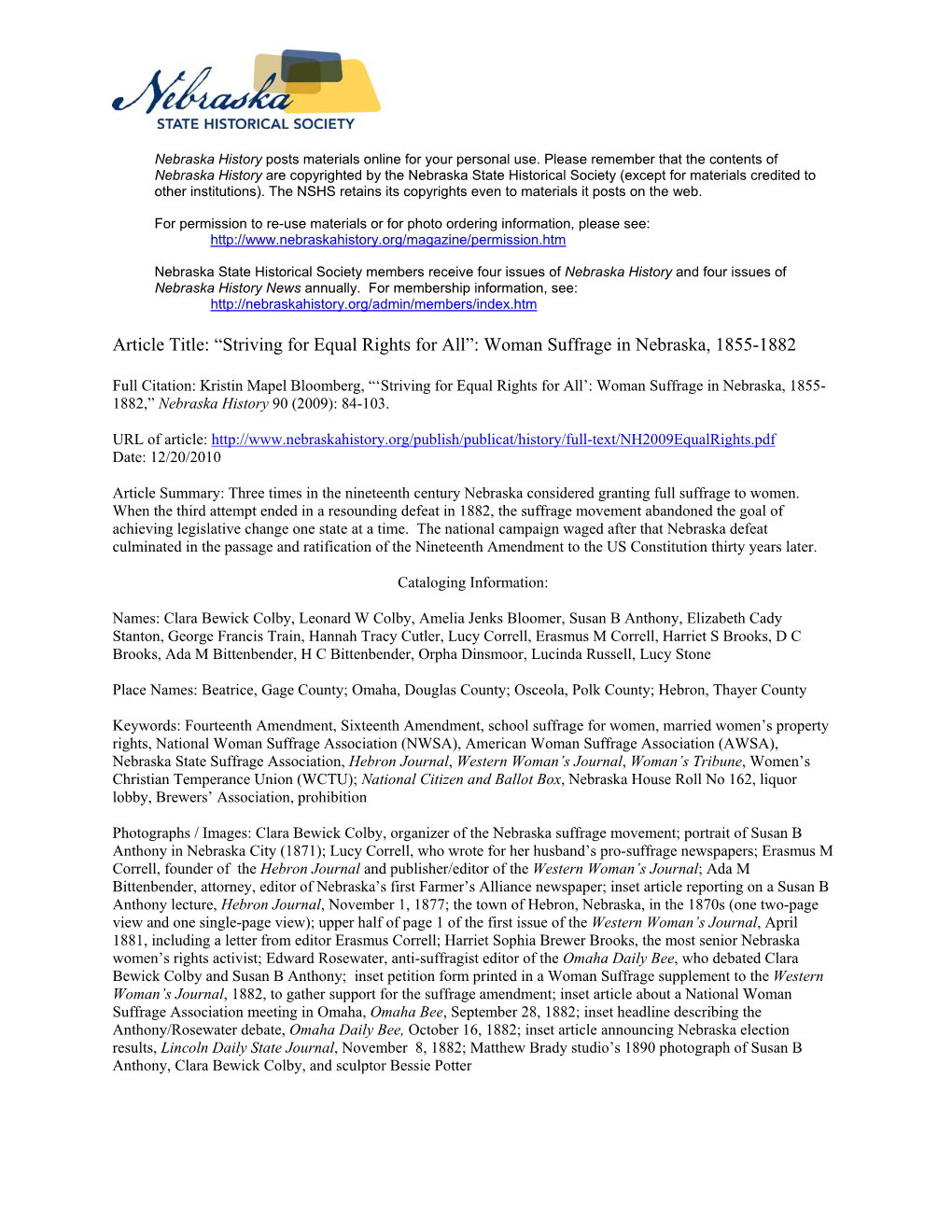 Article Title: “Striving for Equal Rights for All”: Woman Suffrage in Nebraska, 1855-1882