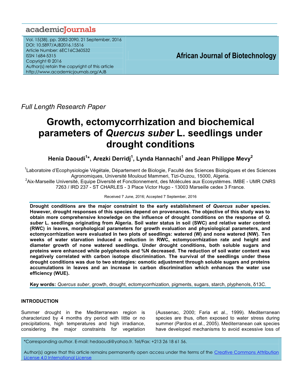 Growth, Ectomycorrhization and Biochemical Parameters of Quercus Suber L