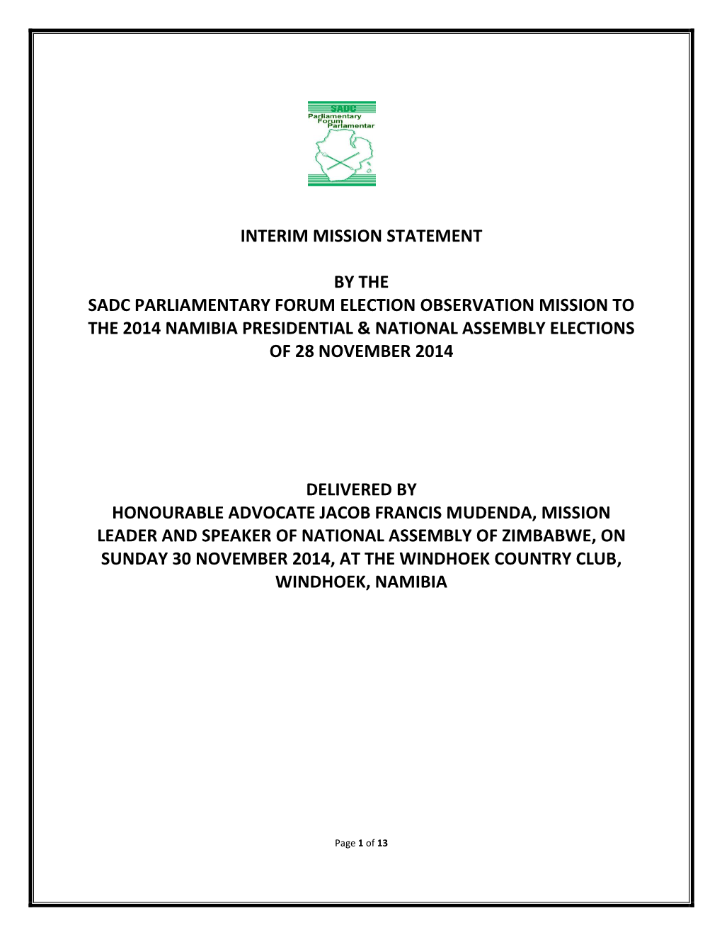 Interim Mission Statement by the Sadc Parliamentary