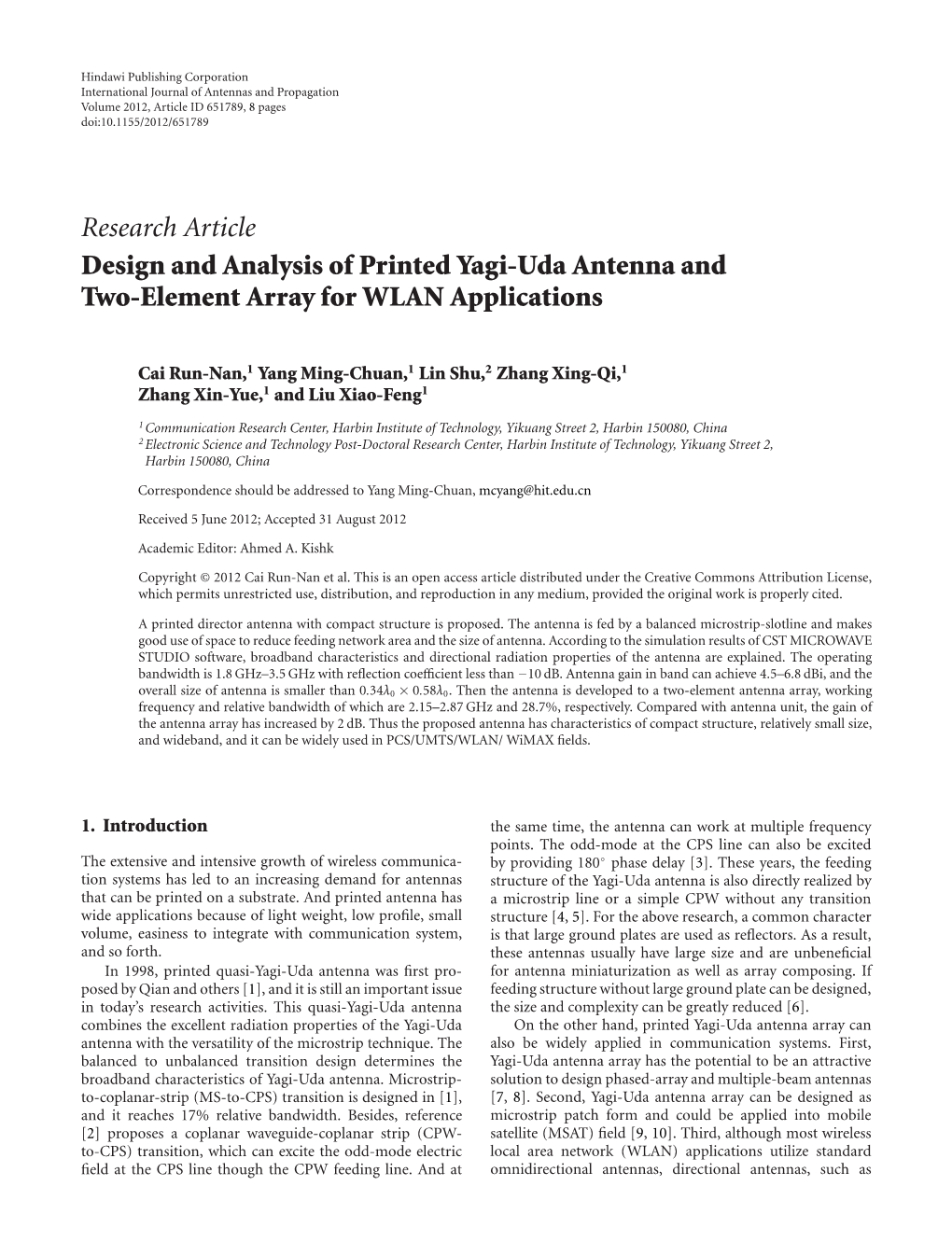 Design and Analysis of Printed Yagi-Uda Antenna and Two-Element Array for WLAN Applications