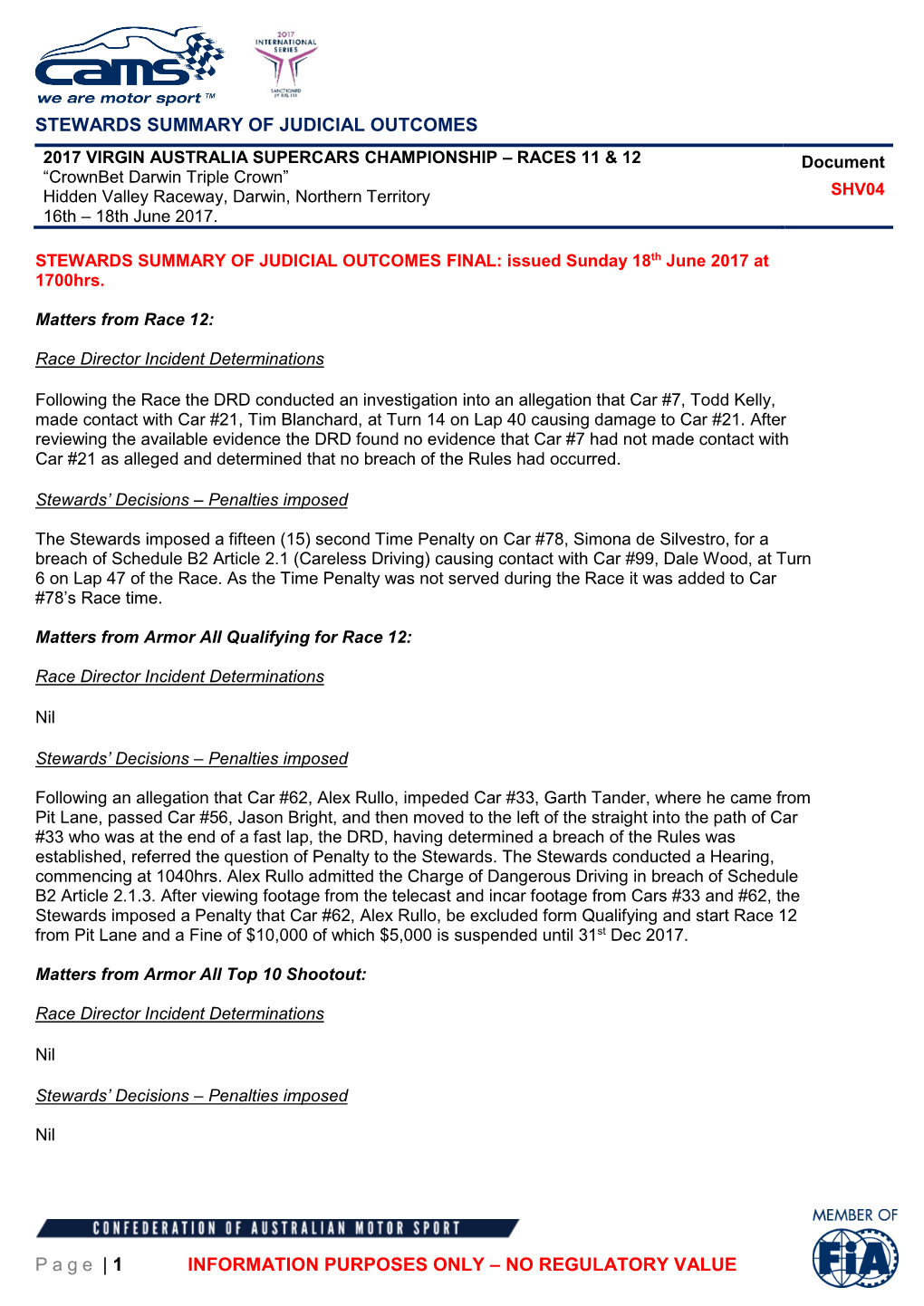 STEWARDS SUMMARY of JUDICIAL OUTCOMES Page