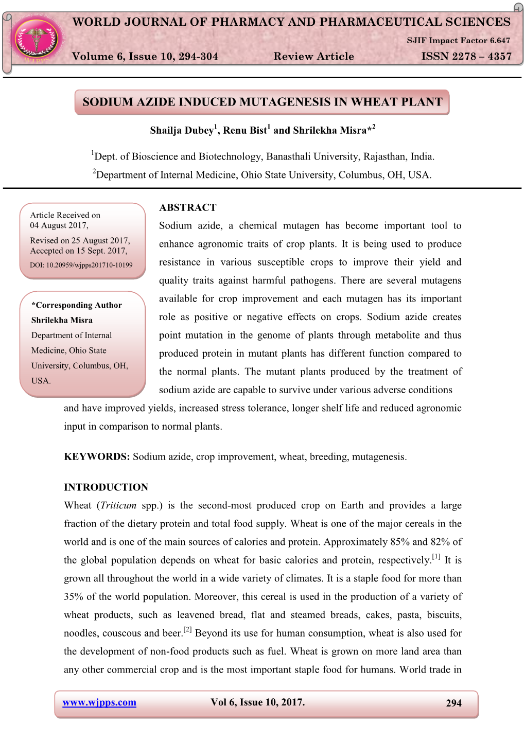 Sodium Azide Induced Mutagenesis in Wheat Plant