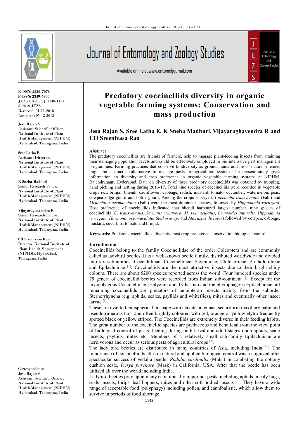 Predatory Coccinellids Diversity in Organic Vegetable Farming Systems