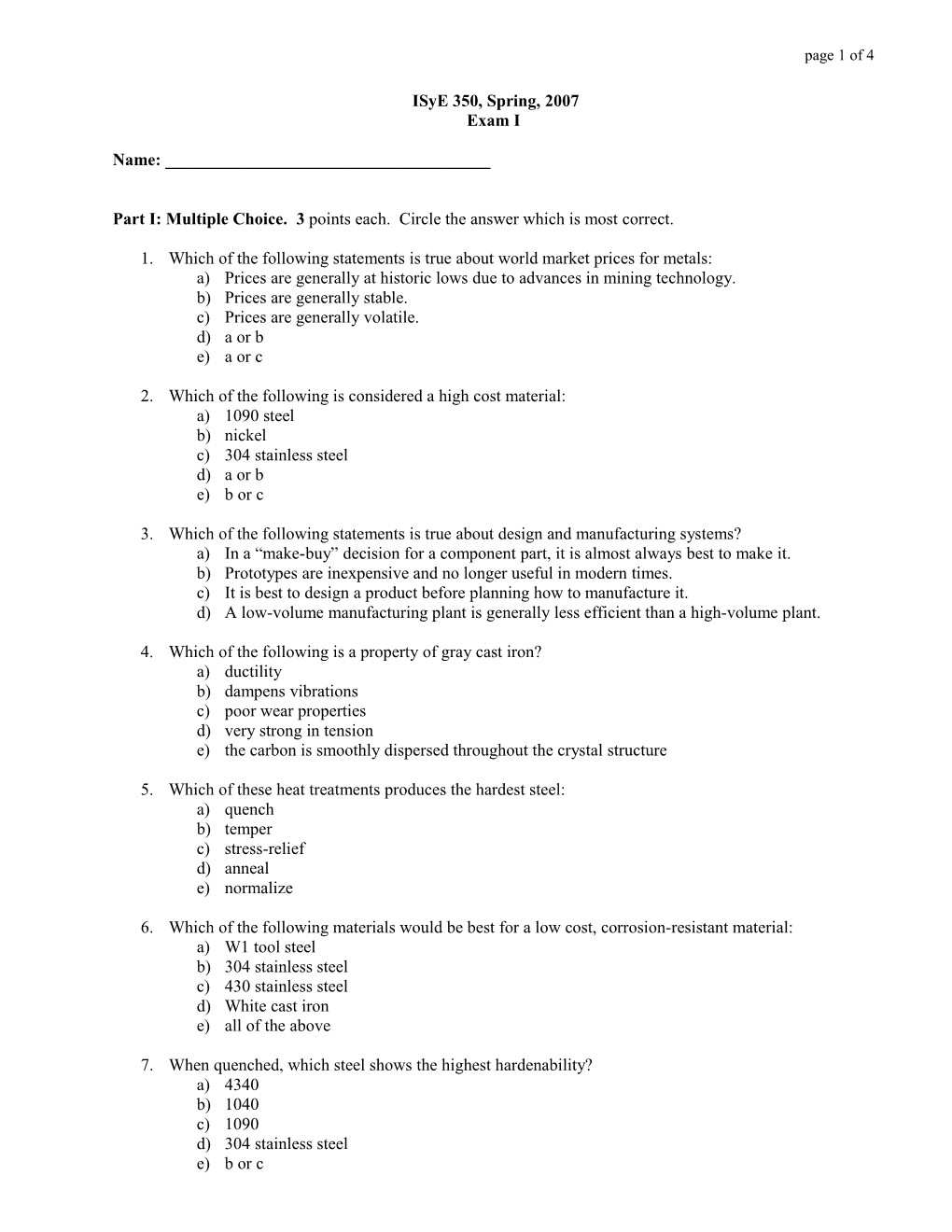 Part I: Multiple Choice. 3 Points Each. Circle the Answer Which Is Most Correct