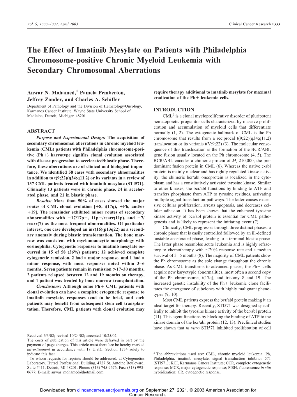 The Effect of Imatinib Mesylate on Patients with Philadelphia Chromosome-Positive Chronic Myeloid Leukemia with Secondary Chromosomal Aberrations