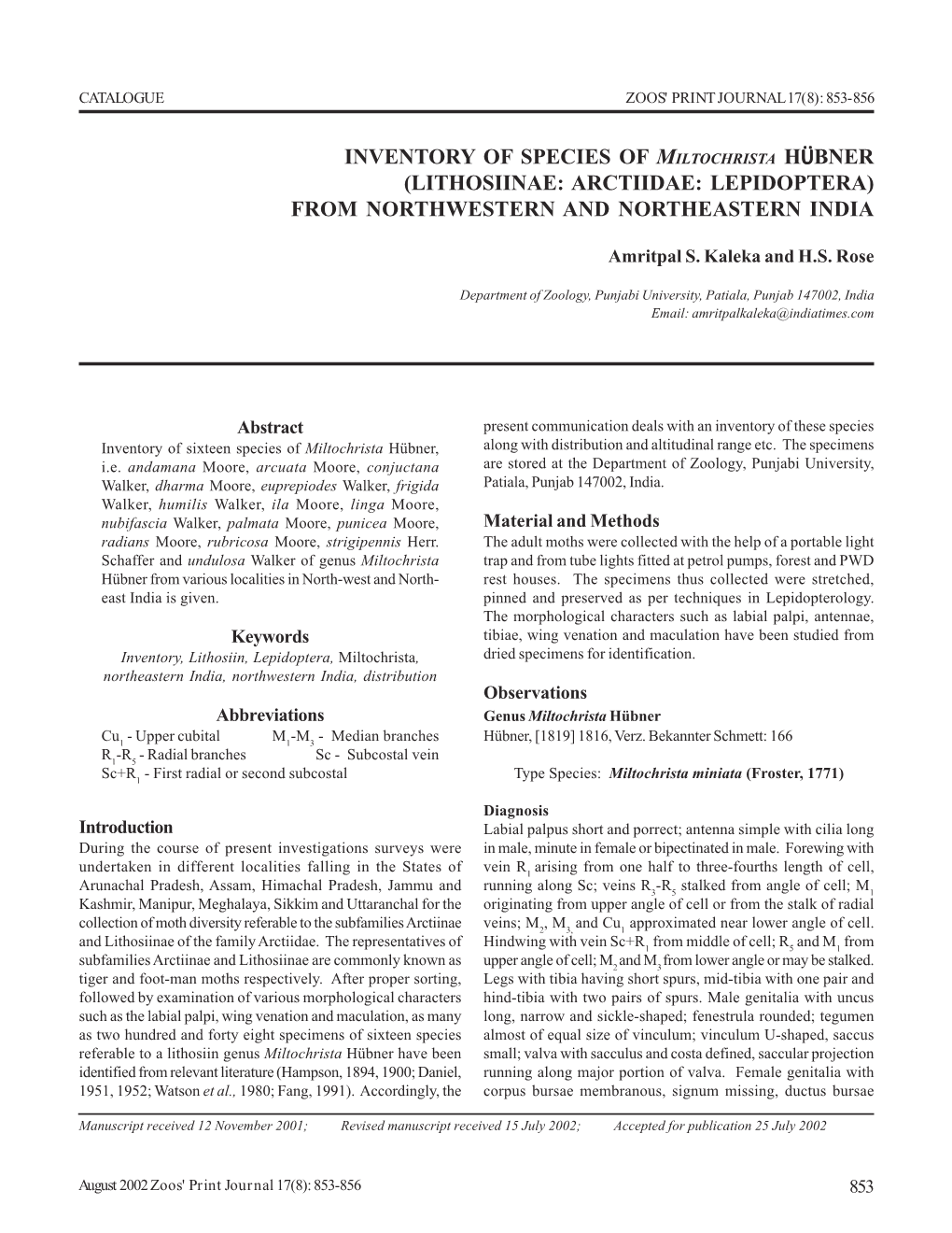 Inventory of Species of Miltochrista Hübner (Lithosiinae: Arctiidae: Lepidoptera) from Northwestern and Northeastern India