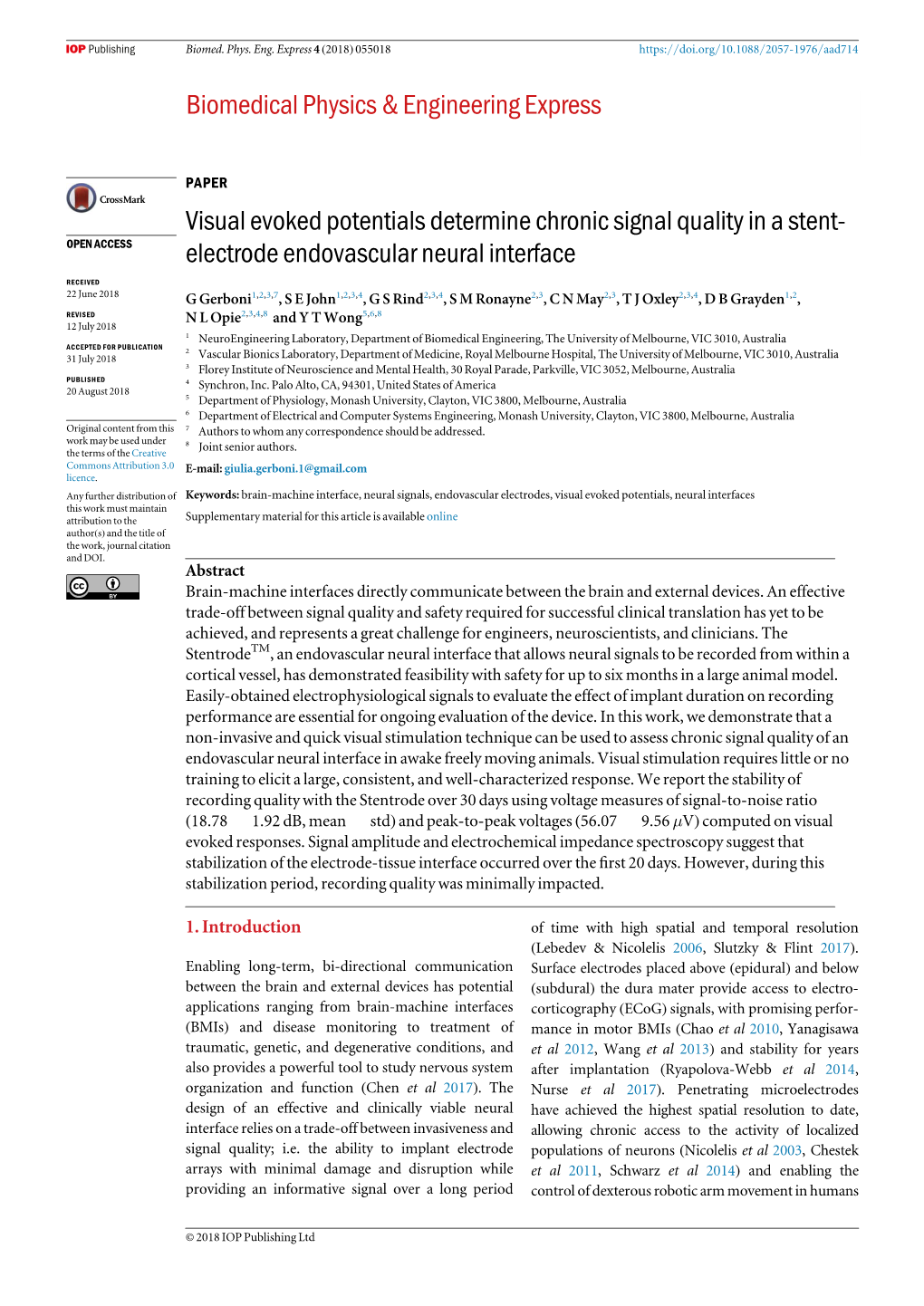 Visual Evoked Potentials Determine Chronic Signal Quality in a Stent- OPEN ACCESS Electrode Endovascular Neural Interface