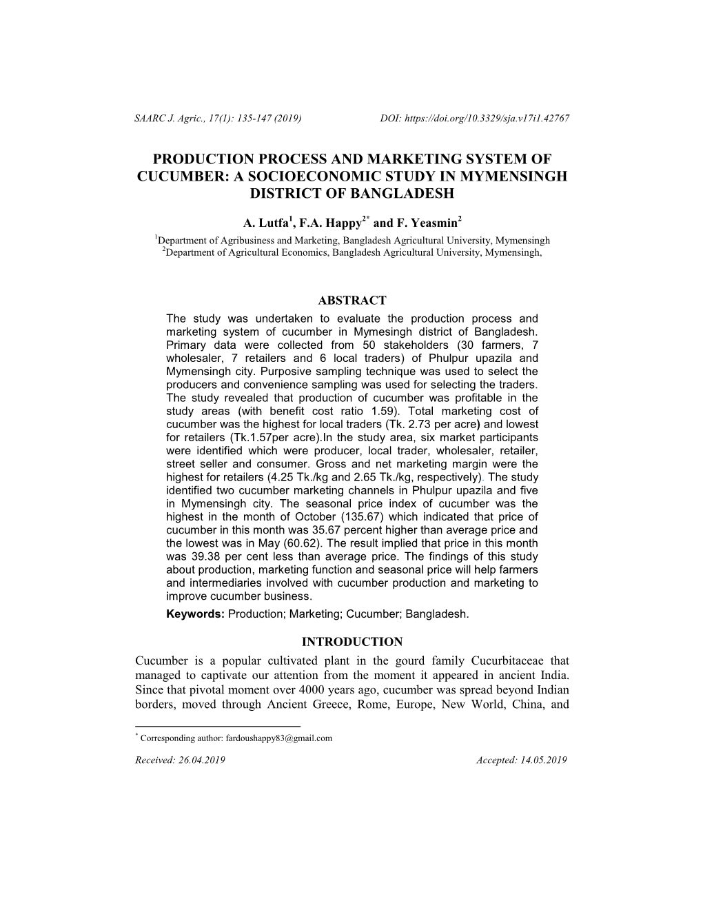 Production Process and Marketing System of Cucumber: a Socioeconomic Study in Mymensingh District of Bangladesh