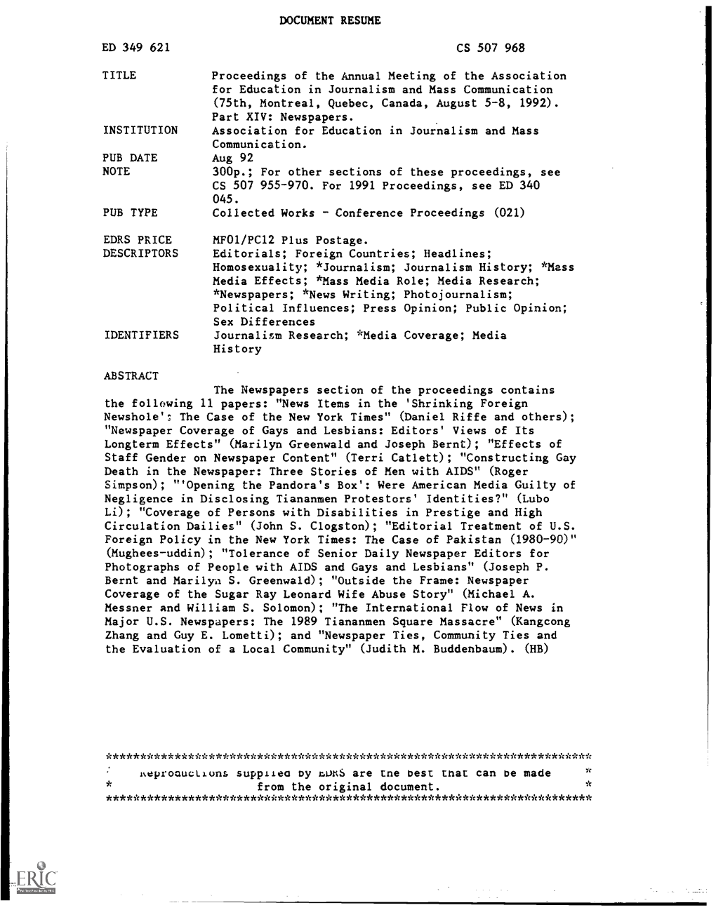 Proceedings of the Annual Meeting of the Association for Education in Journalism and Mass Communication (75Th, Montreal, Quebec, Canada, August 5-8, 1992). Part XIV: Newspapers