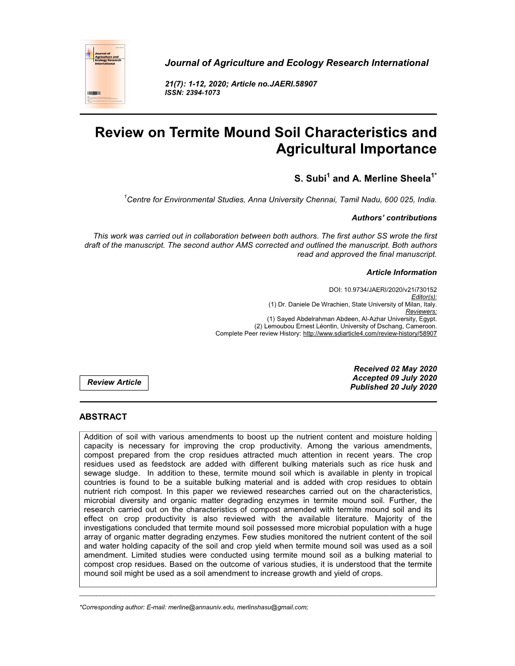 Review on Termite Mound Soil Characteristics and Agricultural Importance